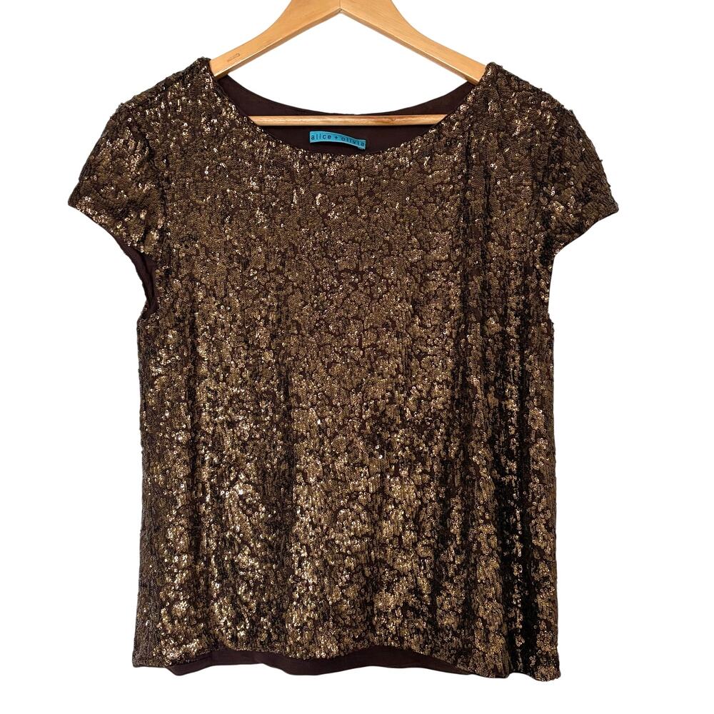 Alice + Olivia Chocolate Brown Sequin Top Short Sleeve Size M Sparkle Party